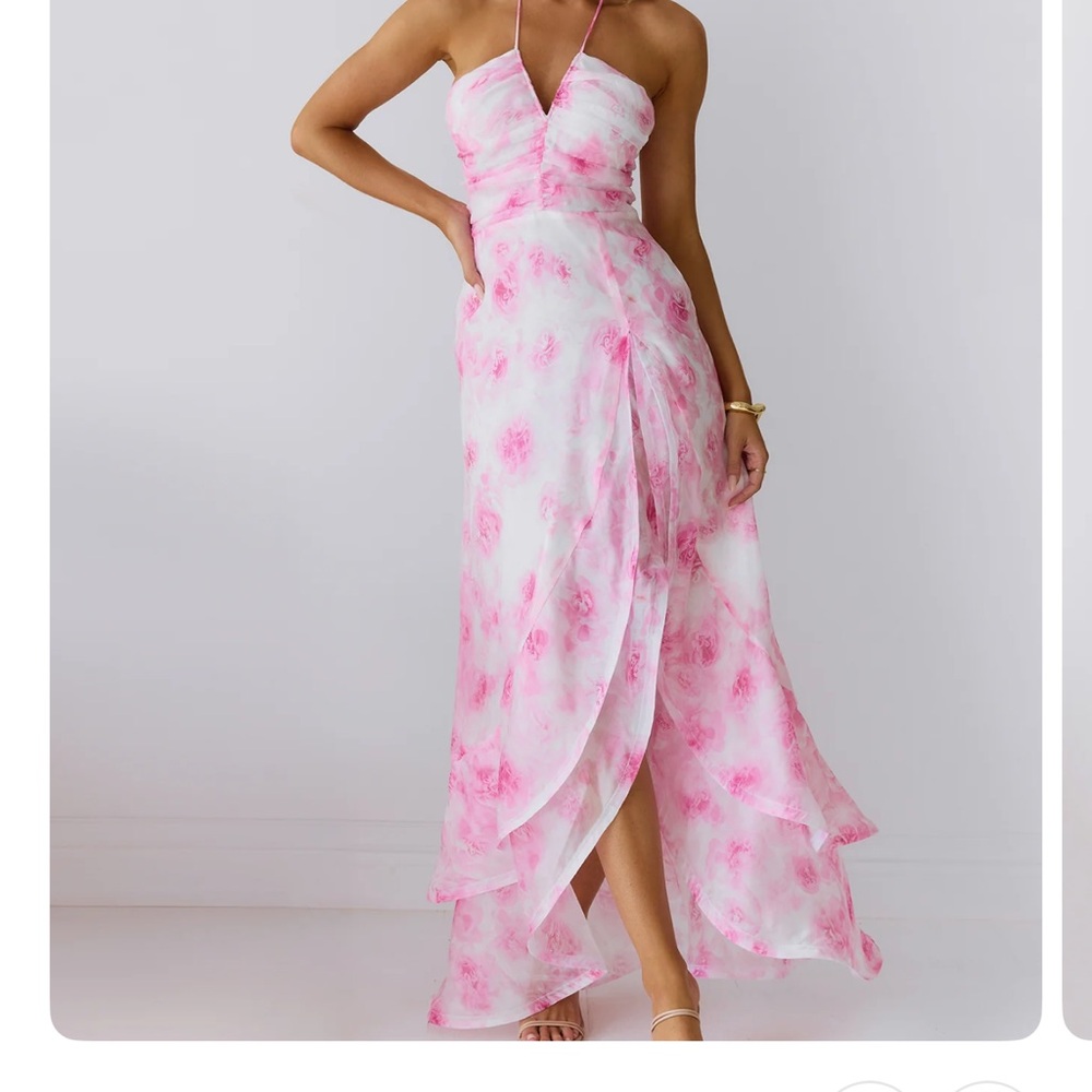 Hello Molly Strawberry Pop halter maxi dress Pink and White Floral Dress